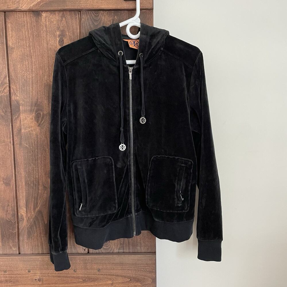 Tory Burch Velour Track Jacket Large Hoodie Black Full Zip Logo Soft